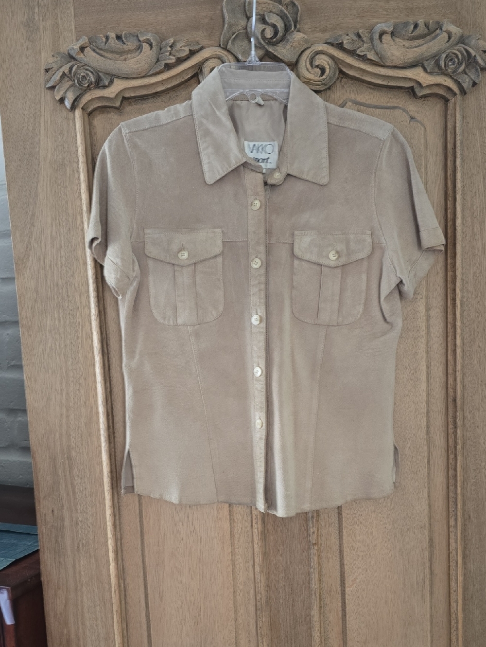 Vintage Vakko Leather Short-Sleeve Button-Front Shirt in Tan